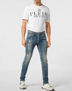 PHILIPP PLEIN Denim Trousers Super Straight Cut Skulls><noscript><img data-lazyloaded=
