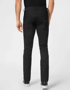 PHILIPP PLEIN Denim Trousers Super Straight Cut Dragon Strass><noscript><img data-lazyloaded=