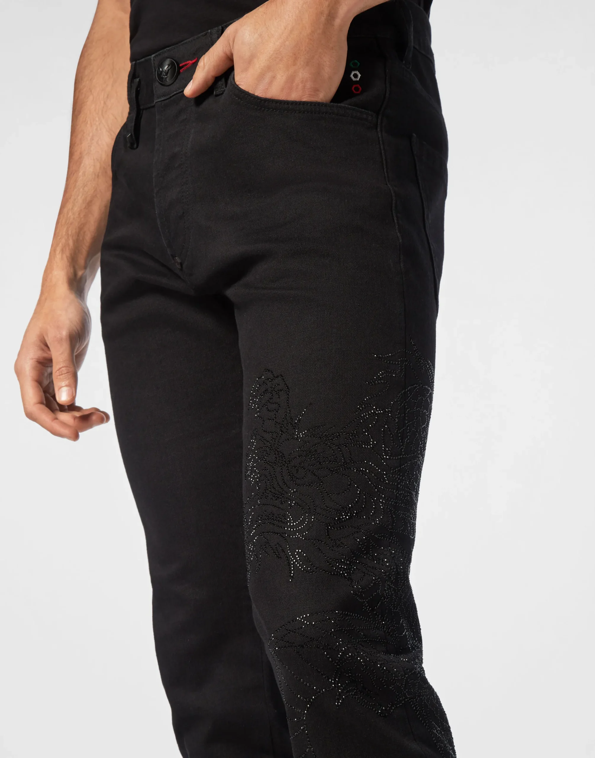 PHILIPP PLEIN Denim Trousers Super Straight Cut Dragon Strass>Uomo Denim