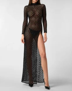 PHILIPP PLEIN Embroidered Long Dress Crystal>Donna Abiti E Gonne