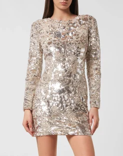 PHILIPP PLEIN Embroidered Long-Sleeved Mini Dress Crystal Skull><noscript><img data-lazyloaded=