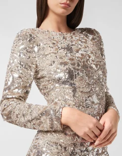 PHILIPP PLEIN Embroidered Long-Sleeved Mini Dress Crystal Skull><noscript><img data-lazyloaded=