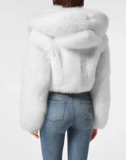 PHILIPP PLEIN Fox Fur Hooded Short Jacket><noscript><img data-lazyloaded=