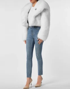 PHILIPP PLEIN Fox Fur Hooded Short Jacket><noscript><img data-lazyloaded=