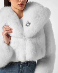 PHILIPP PLEIN Fox Fur Hooded Short Jacket><noscript><img data-lazyloaded=