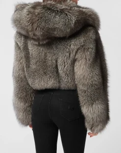PHILIPP PLEIN Fox Fur Hooded Short Jacket><noscript><img data-lazyloaded=