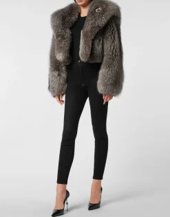 PHILIPP PLEIN Fox Fur Hooded Short Jacket><noscript><img data-lazyloaded=
