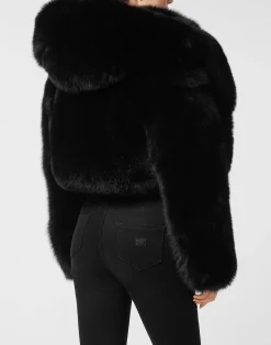 PHILIPP PLEIN Fox Fur Hooded Short Jacket><noscript><img data-lazyloaded=