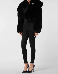 PHILIPP PLEIN Fox Fur Hooded Short Jacket><noscript><img data-lazyloaded=