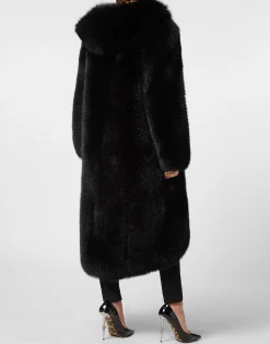 PHILIPP PLEIN Fox Fur Oversize Coat Long><noscript><img data-lazyloaded=