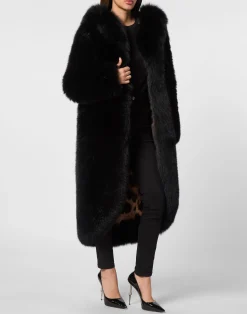 PHILIPP PLEIN Fox Fur Oversize Coat Long><noscript><img data-lazyloaded=