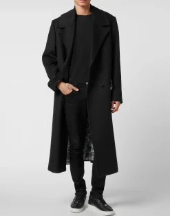PHILIPP PLEIN Herringbone Wool Double Breasted Long Coat><noscript><img data-lazyloaded=