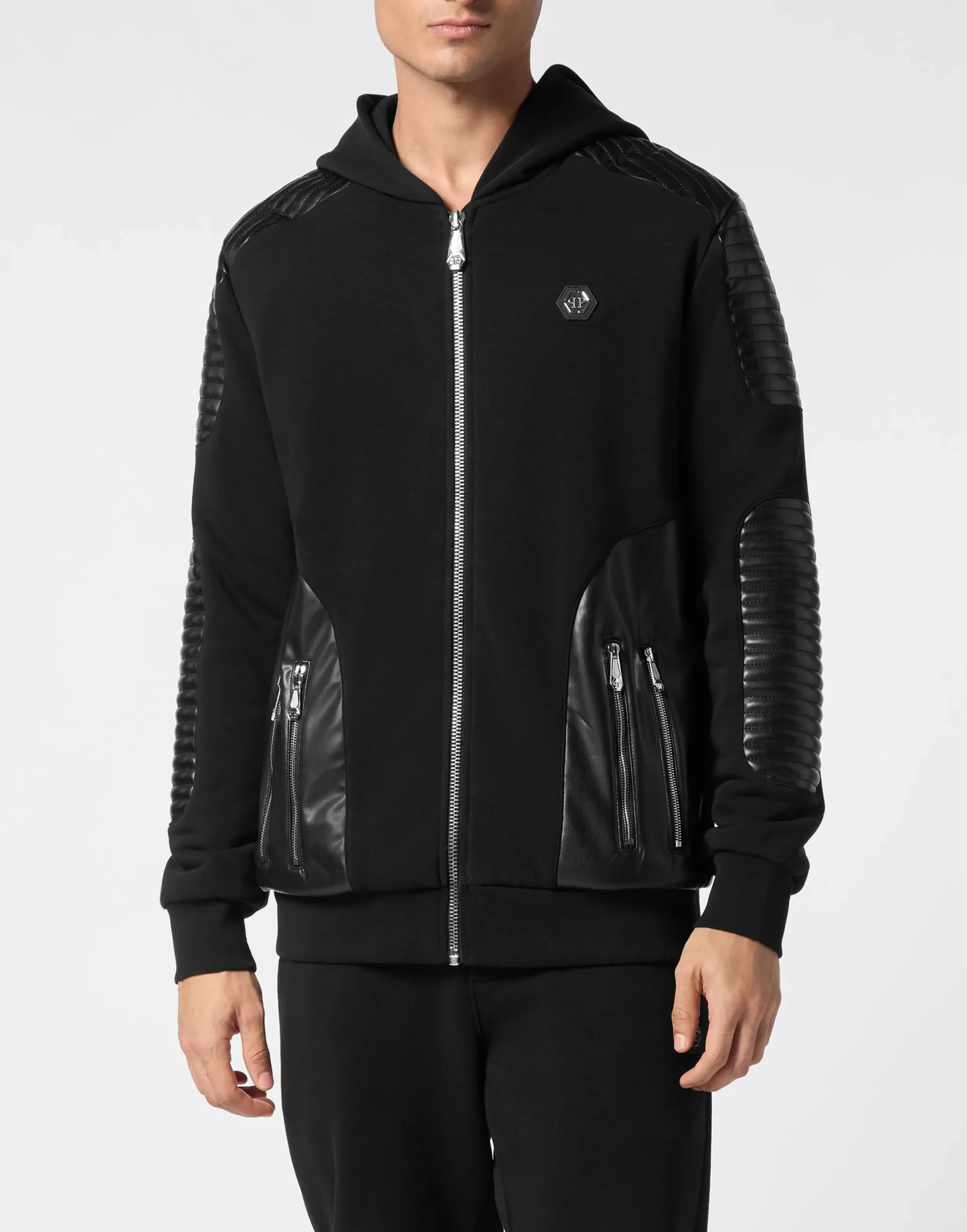 PHILIPP PLEIN Hoodie Sweatjacket With Leather Inserts>Uomo Street Couture