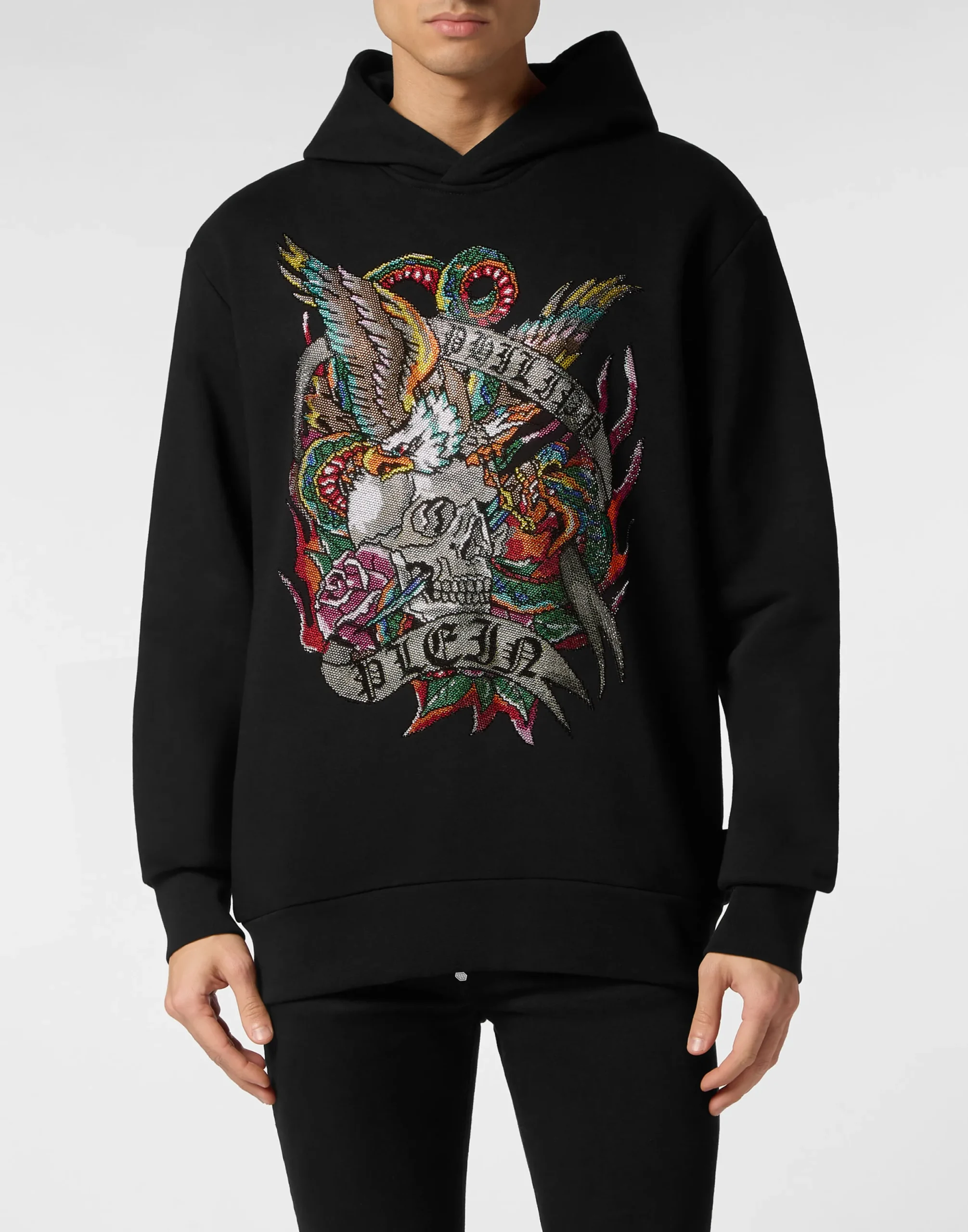 PHILIPP PLEIN Hoodie Sweatshirt Crystal Tattoo>Uomo Street Couture|Pullover / Felpe / Giacche