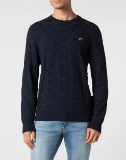 PHILIPP PLEIN Jacquard Silk Wool Pullover Round Neck LS Monogram>Uomo Maglieria