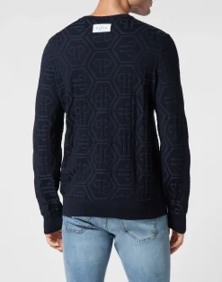 PHILIPP PLEIN Jacquard Silk Wool Pullover Round Neck LS Monogram><noscript><img data-lazyloaded=