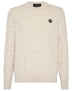 PHILIPP PLEIN Jacquard Silk Wool Pullover Round Neck LS Monogram>Uomo Maglieria