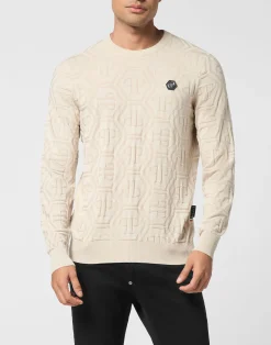PHILIPP PLEIN Jacquard Silk Wool Pullover Round Neck LS Monogram>Uomo Maglieria