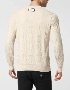 PHILIPP PLEIN Jacquard Silk Wool Pullover Round Neck LS Monogram><noscript><img data-lazyloaded=