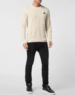 PHILIPP PLEIN Jacquard Silk Wool Pullover Round Neck LS Monogram><noscript><img data-lazyloaded=