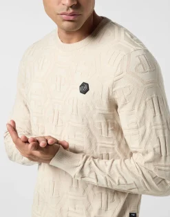 PHILIPP PLEIN Jacquard Silk Wool Pullover Round Neck LS Monogram><noscript><img data-lazyloaded=