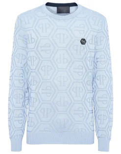 PHILIPP PLEIN Jacquard Silk Wool Pullover Round Neck LS Monogram>Uomo Maglieria