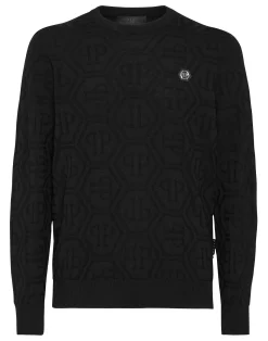 PHILIPP PLEIN Jacquard Silk Wool Pullover Round Neck LS Monogram>Uomo Maglieria