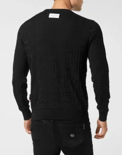PHILIPP PLEIN Jacquard Silk Wool Pullover Round Neck LS Monogram><noscript><img data-lazyloaded=