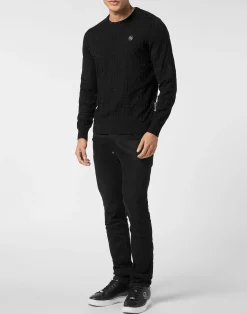 PHILIPP PLEIN Jacquard Silk Wool Pullover Round Neck LS Monogram><noscript><img data-lazyloaded=