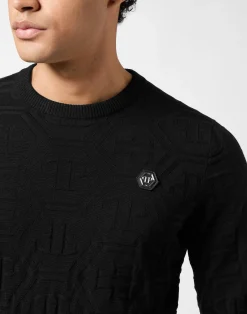 PHILIPP PLEIN Jacquard Silk Wool Pullover Round Neck LS Monogram><noscript><img data-lazyloaded=