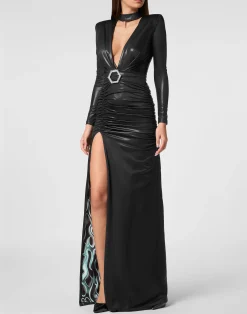 PHILIPP PLEIN Jersey Long Dress LS Lining Flame><noscript><img data-lazyloaded=
