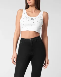 PHILIPP PLEIN Jersey Rib Cropped Top Stones>Donna Top