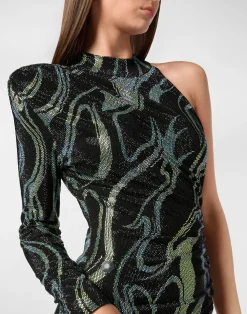 PHILIPP PLEIN Jersey Strass Long Dress Mono Sleeve Flame><noscript><img data-lazyloaded=