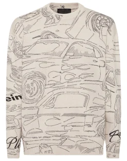 PHILIPP PLEIN Knitted Pullover Round Neck LS Cars Racing>Uomo Maglieria