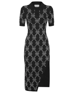 PHILIPP PLEIN Knitted Strass Polo Dress With Padded Shoulders Monogram>Donna Abiti E Gonne|Maglieria