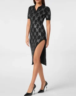 PHILIPP PLEIN Knitted Strass Polo Dress With Padded Shoulders Monogram><noscript><img data-lazyloaded=