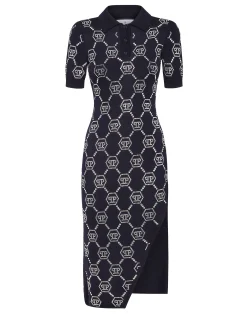 PHILIPP PLEIN Knitted Strass Polo Dress With Padded Shoulders Monogram>Donna Abiti E Gonne|Maglieria