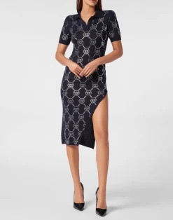 PHILIPP PLEIN Knitted Strass Polo Dress With Padded Shoulders Monogram>Donna Abiti E Gonne|Maglieria