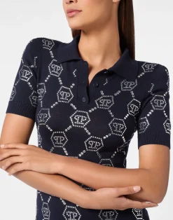 PHILIPP PLEIN Knitted Strass Polo Dress With Padded Shoulders Monogram><noscript><img data-lazyloaded=