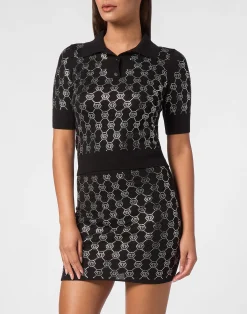 PHILIPP PLEIN Knitted Strass Polo-Neck SS Monogram>Donna Maglieria
