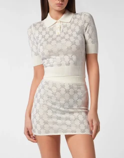 PHILIPP PLEIN Knitted Strass Polo-Neck SS Monogram>Donna Maglieria