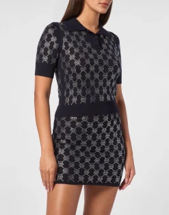 PHILIPP PLEIN Knitted Strass Polo-Neck SS Monogram>Donna Maglieria