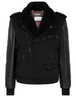 PHILIPP PLEIN Leather and Wool Varsity Biker Jacket Skull & Bones>Uomo Giacche Di Pelle|Giacche E Cappotti