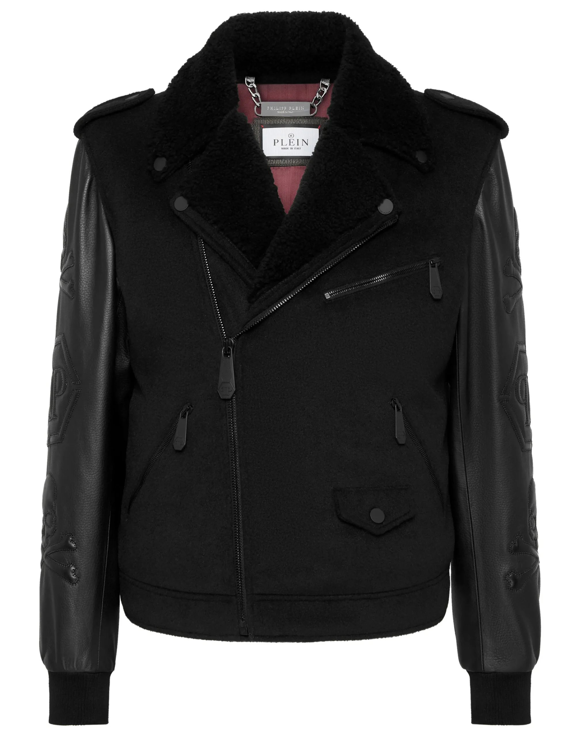 PHILIPP PLEIN Leather and Wool Varsity Biker Jacket Skull & Bones>Uomo Giacche Di Pelle|Giacche E Cappotti