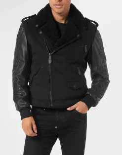 PHILIPP PLEIN Leather and Wool Varsity Biker Jacket Skull & Bones>Uomo Giacche Di Pelle|Giacche E Cappotti