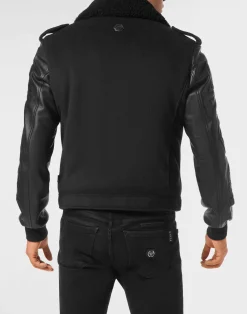 PHILIPP PLEIN Leather and Wool Varsity Biker Jacket Skull & Bones><noscript><img data-lazyloaded=