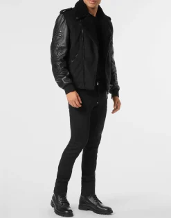 PHILIPP PLEIN Leather and Wool Varsity Biker Jacket Skull & Bones><noscript><img data-lazyloaded=