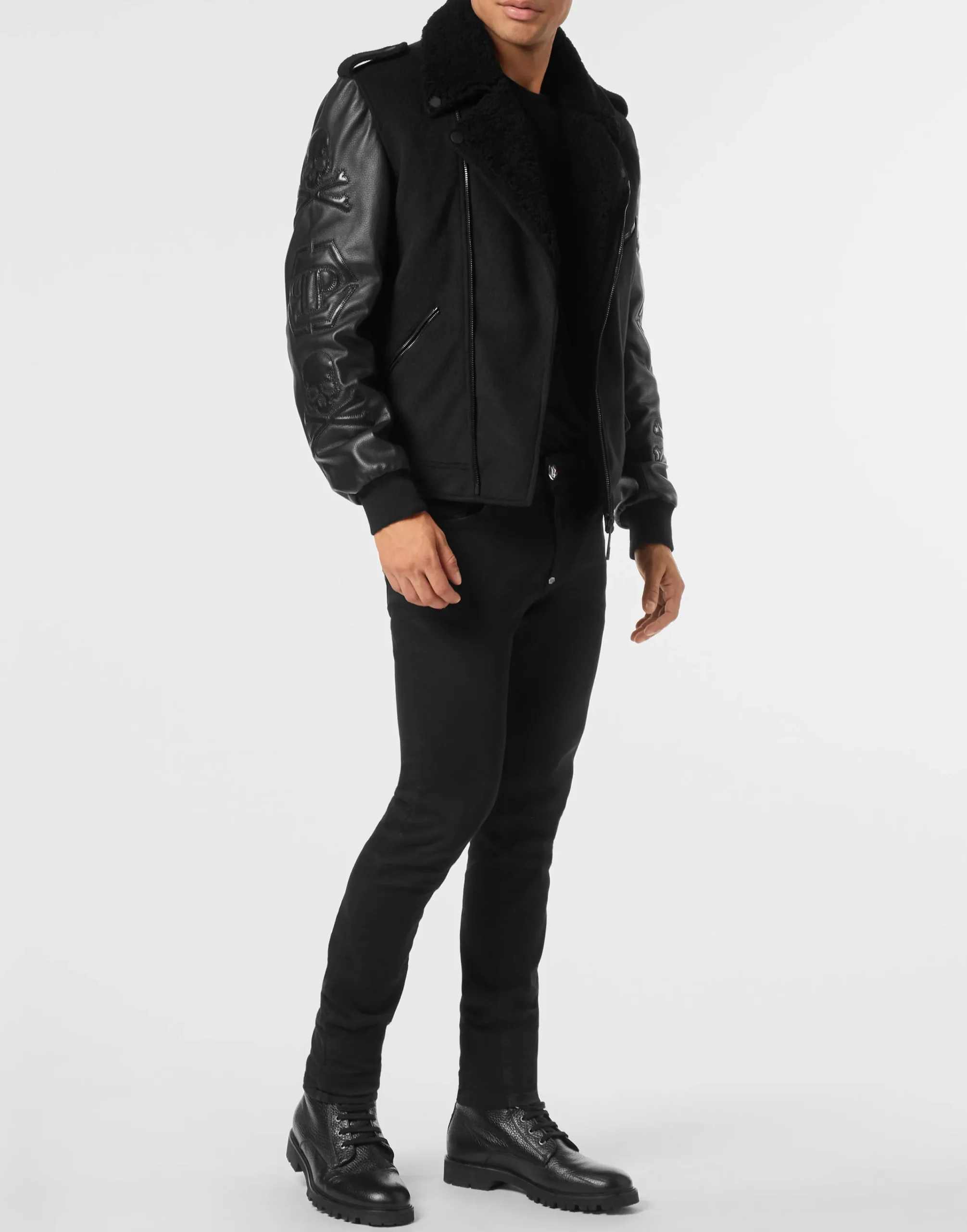PHILIPP PLEIN Leather and Wool Varsity Biker Jacket Skull & Bones>Uomo Giacche Di Pelle|Giacche E Cappotti