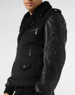 PHILIPP PLEIN Leather and Wool Varsity Biker Jacket Skull & Bones><noscript><img data-lazyloaded=