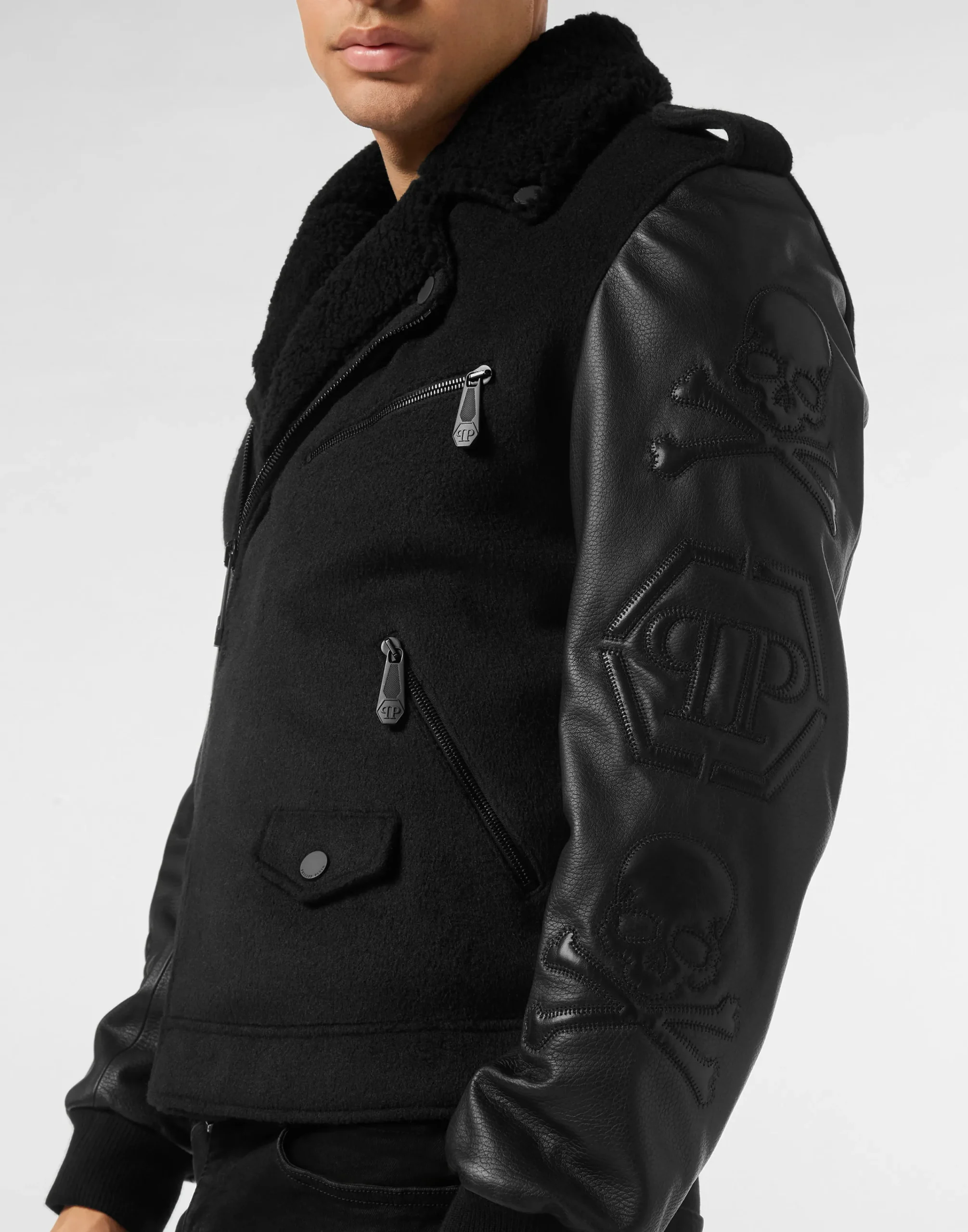 PHILIPP PLEIN Leather and Wool Varsity Biker Jacket Skull & Bones>Uomo Giacche Di Pelle|Giacche E Cappotti